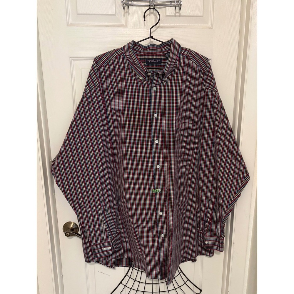 Roundtree & Yorke Men's 4XL Tall 4XT Red Blue Plaid Cotton Button Down Shirt
